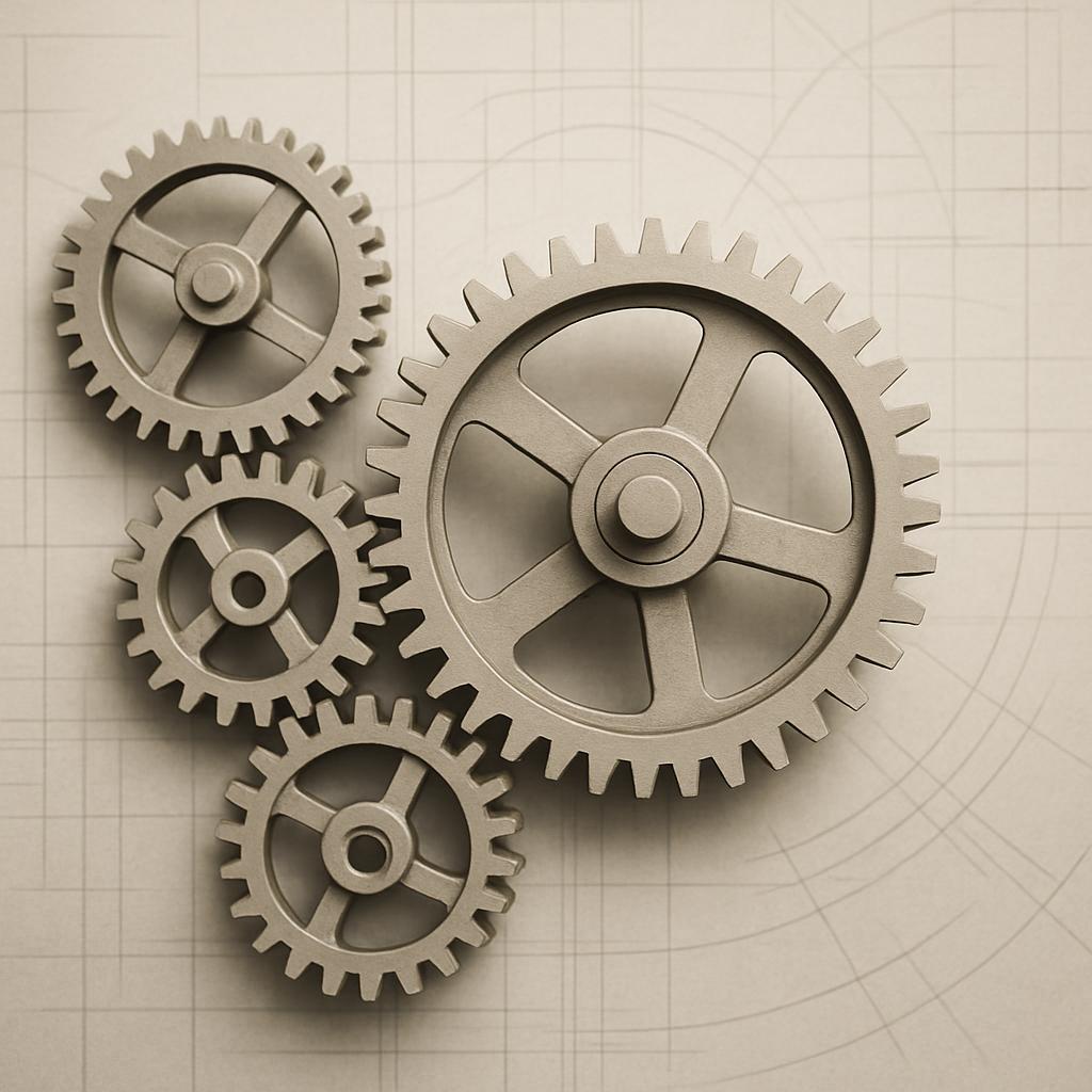 A close-up view of gears, likely gears for a steam engine such as those made by Westinghouse or General Electric, set agai...