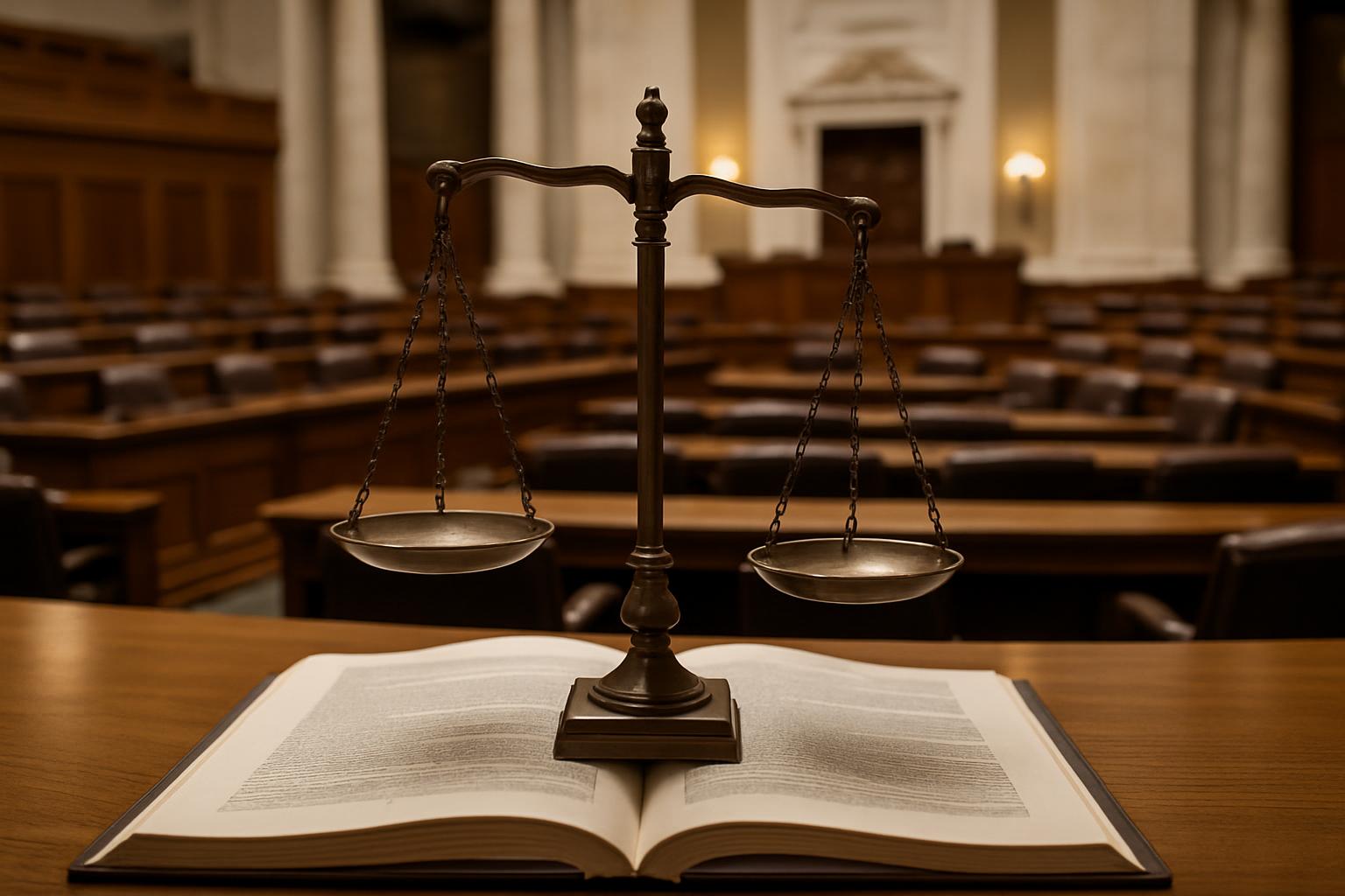 A large metal scale balanced on an open law book in a courtroom with empty wooden benches.