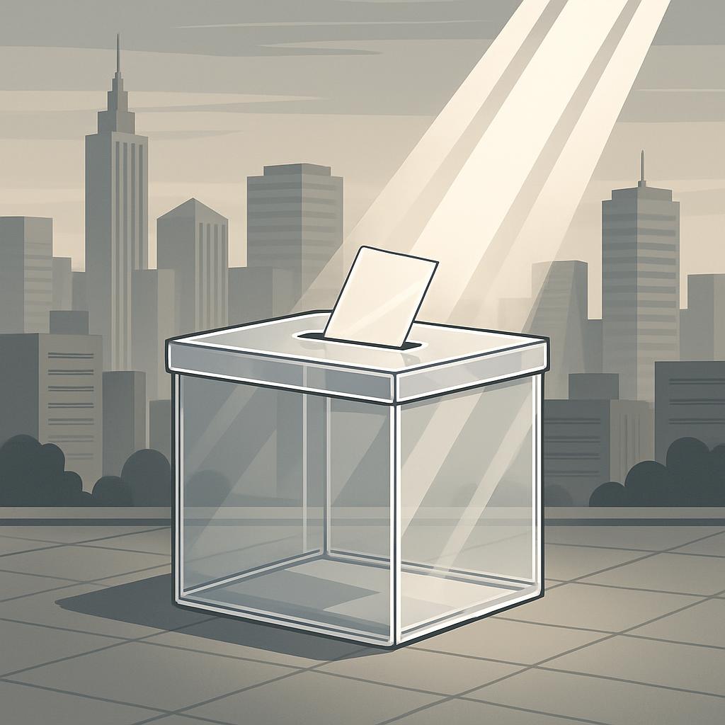 Alt Text: Beige-tinted city skyline silhouette at dawn and large transparent empty ballot box with spot lit lid.