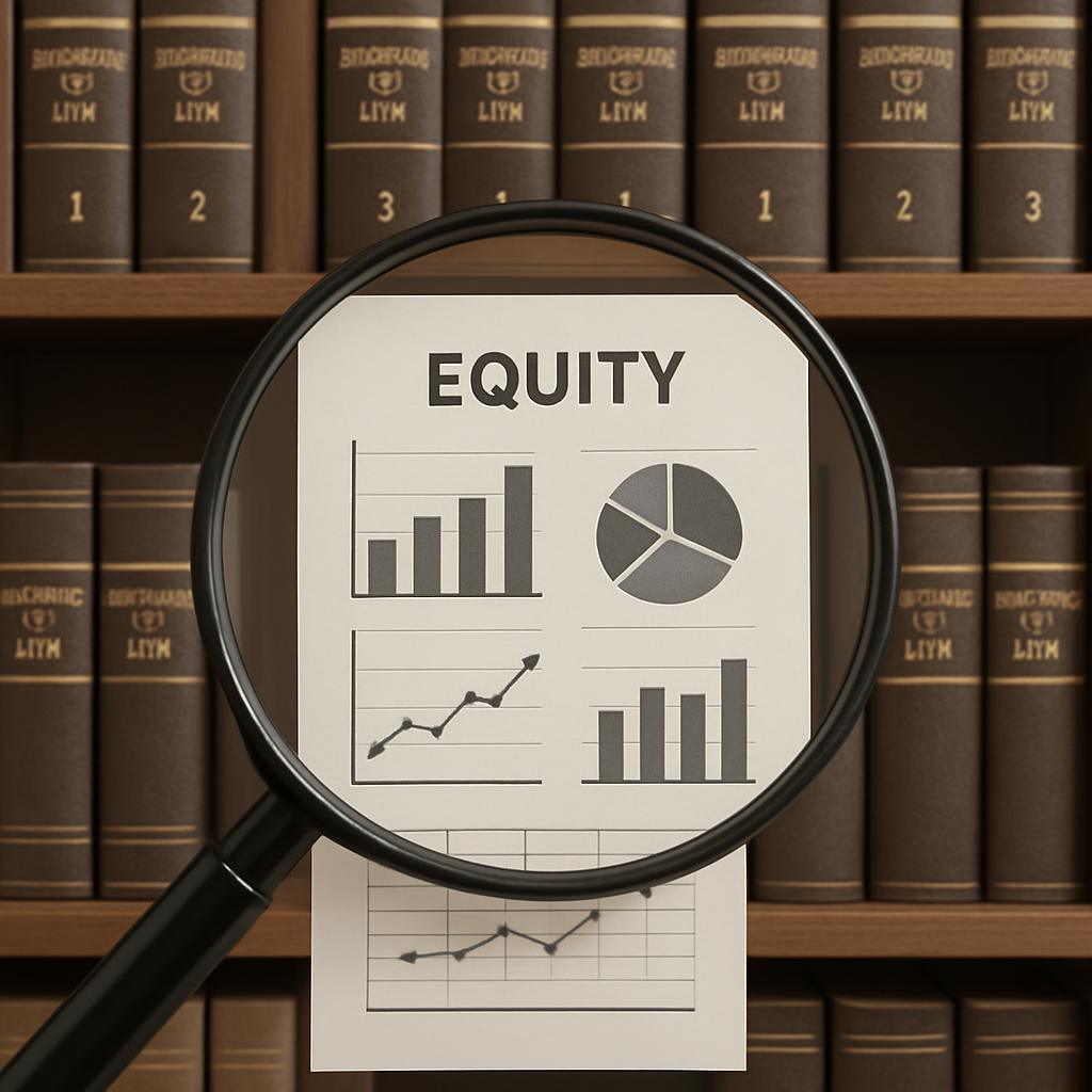 Magnifying glass over financial documents with equity graphs on it.