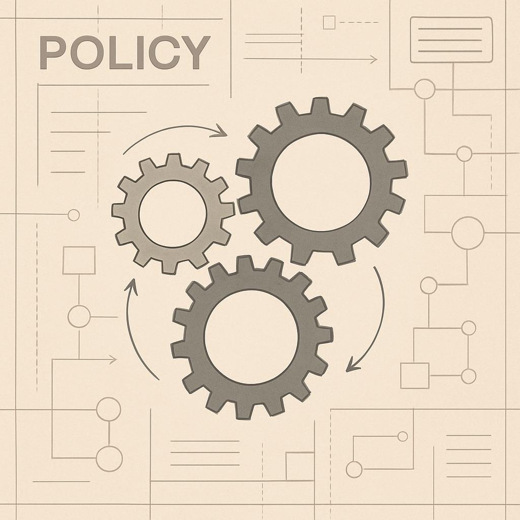 Text for the image is "Background of beige squares and lines with gears and the word POLICY in brown text."